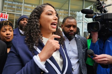 Minnesota-based independent journalist Georgia Fort speaks to reporters and supporters outside the federal courthouse in St. Paul, Minn., on Tuesday, Feb. 17, 2026, after pleading not guilty over her alleged role in a protest that disrupted a Sunday service at a Southern Baptist church in St. Paul, where an Immigration and Customs Enforcement official served as a pastor. (AP Photo/Steve Karnowski)