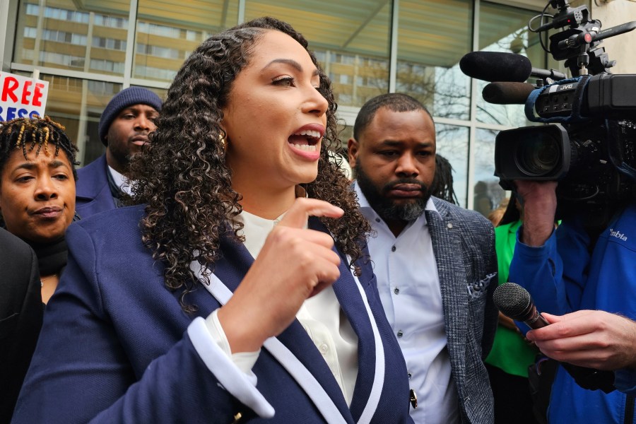 Minnesota-based independent journalist Georgia Fort speaks to reporters and supporters outside the federal courthouse in St. Paul, Minn., on Tuesday, Feb. 17, 2026, after pleading not guilty over her alleged role in a protest that disrupted a Sunday service at a Southern Baptist church in St. Paul, where an Immigration and Customs Enforcement official served as a pastor. (AP Photo/Steve Karnowski)