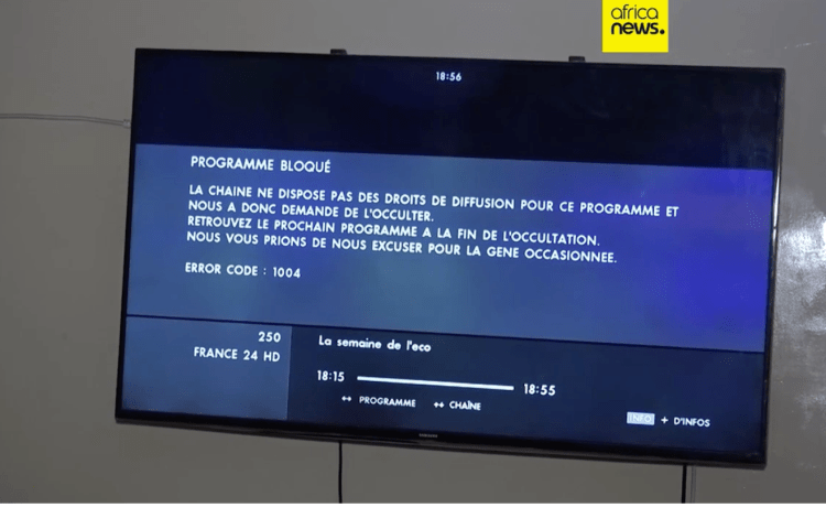 A television screen shows that France 24 channel has been blocked in Niger.
