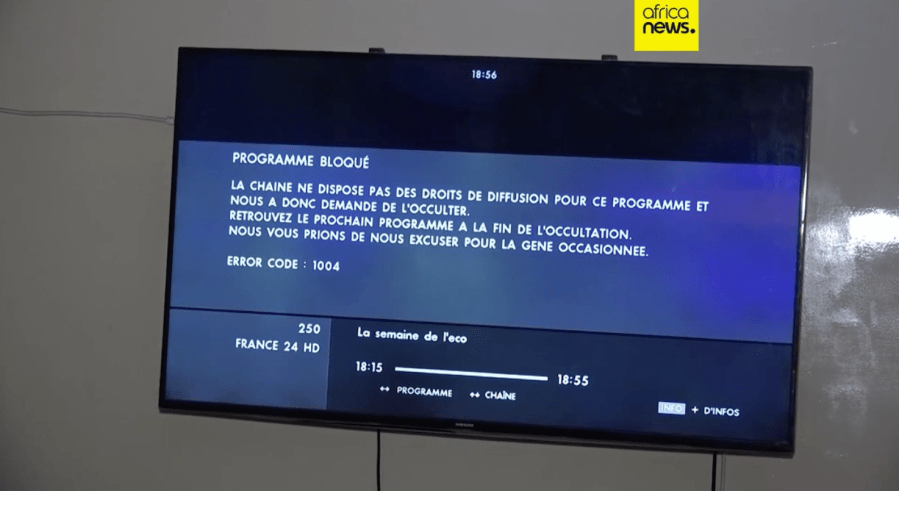 A television screen shows that France 24 channel has been blocked in Niger.