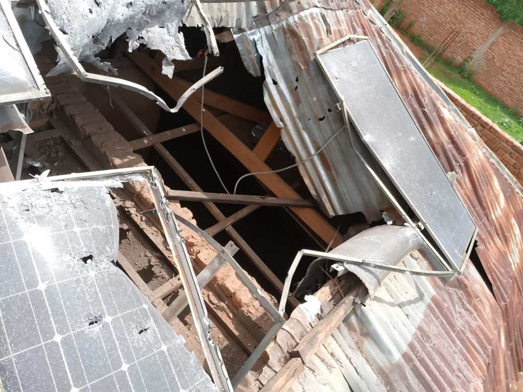 Solar panels destroyed by a drone strike on the roof of Tuungane Radio in Minembwe commune.