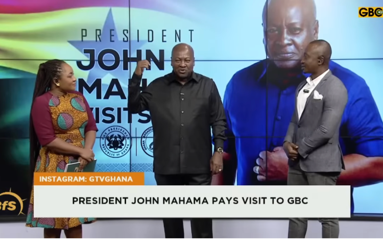 Ghanaian President John Dramani Mahama, a former journalist and newspaper columnist, visits state-owned Ghana Broadcasting Corporation on On January 8, 2026.