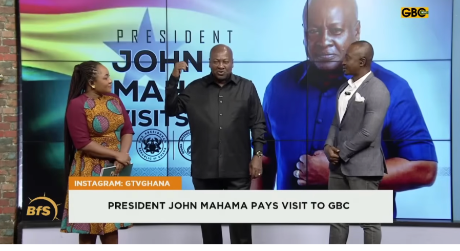 Ghanaian President John Dramani Mahama, a former journalist and newspaper columnist, visits state-owned Ghana Broadcasting Corporation on On January 8, 2026.