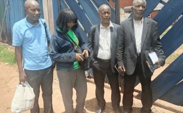 Journalists François Essomba (from left), Solange Djuikam , Pierre Mouchili, and Igor Gwet Bibey leave Yaoundé Central Police Station on September 21 after spending several days in overcrowded cells. (Photo: Courtesy of Thierry Eba/SPIC)