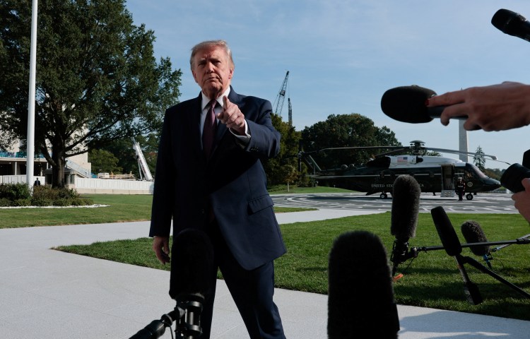 US President Donald Trump speaks with media before boarding Marine One as he departs for Mobile, Alabama, on the South Lawn of the White House in Washington, D.C., US, October 2, 2026. (Reuters/Kylie Cooper)