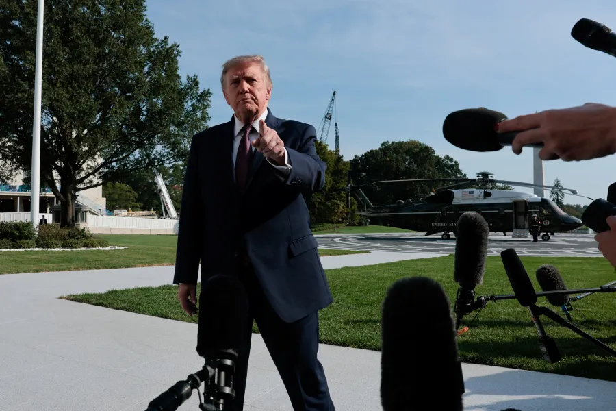 US President Donald Trump speaks with media before boarding Marine One as he departs for Mobile, Alabama, on the South Lawn of the White House in Washington, D.C., US, October 2, 2026. (Reuters/Kylie Cooper)