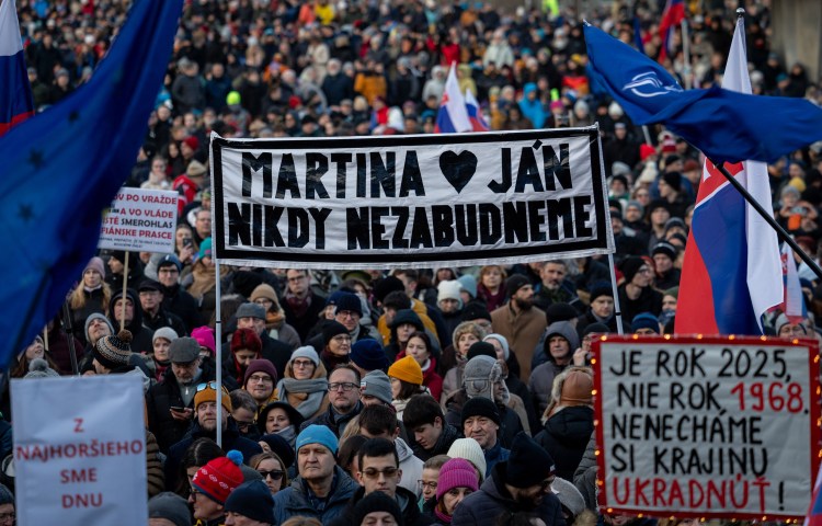 Thousands gather in Bratislava, Slovakia, on February 21, 2025, to mark the seventh anniversary of the murder of investigative journalist Jan Kuciak and his fiancee. (Photo: AFP/Tomas Benedikovik)