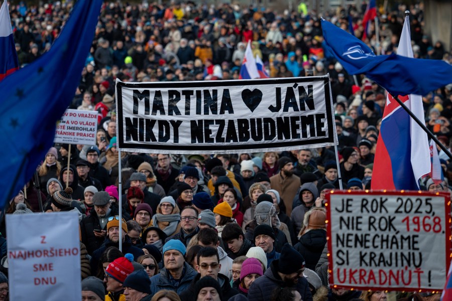 Thousands gather in Bratislava, Slovakia, on February 21, 2025, to mark the seventh anniversary of the murder of investigative journalist Jan Kuciak and his fiancee. (Photo: AFP/Tomas Benedikovik)